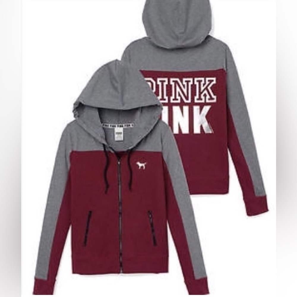 Victoria’s Secret PINK Colorblock Zip Hoodie Gray Burgundy Small Y2K Cozy
